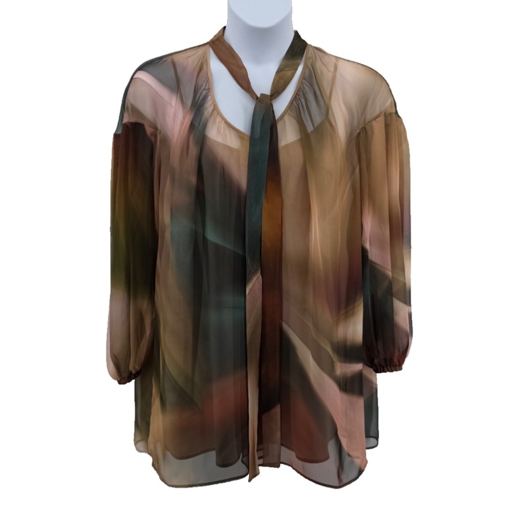 Marina Rinaldi Festante Blouse Women Size 12 Tie Neck Abstract Sheer NWT $765